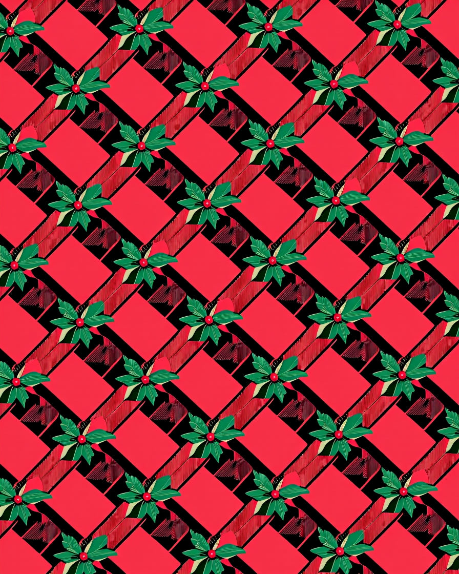 Red Green Floral Plaid Diamond Rug