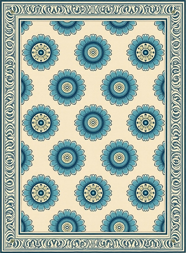 Blue Floral Medallion Bordered Rug
