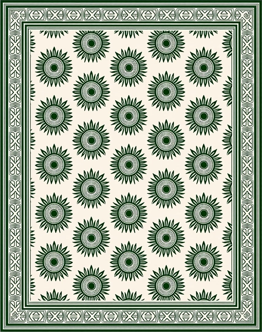Dark Green Sunburst Floral Border Rug