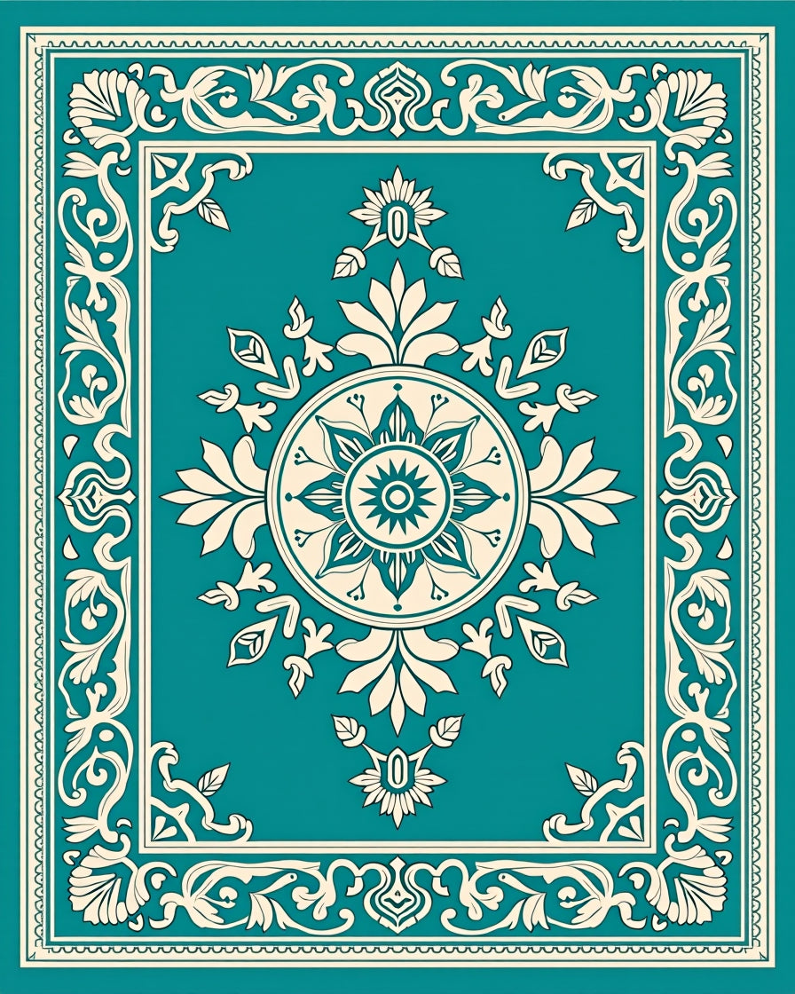 Teal Cream Medallion Floral Border Rug