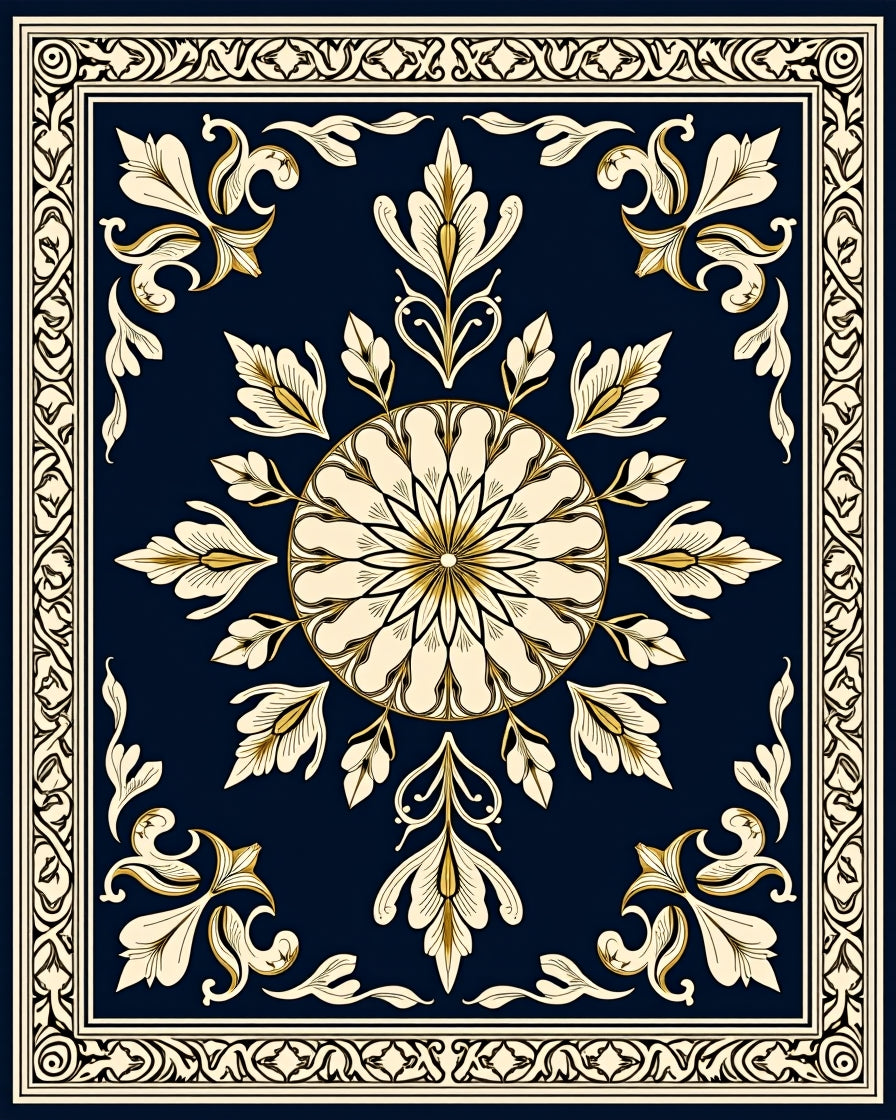 Ornate Golden Floral Sunburst Navy Rug