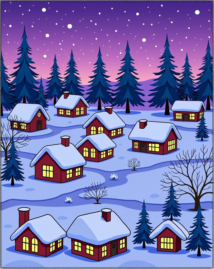Cozy Winter Village Snowfall Scene Rug