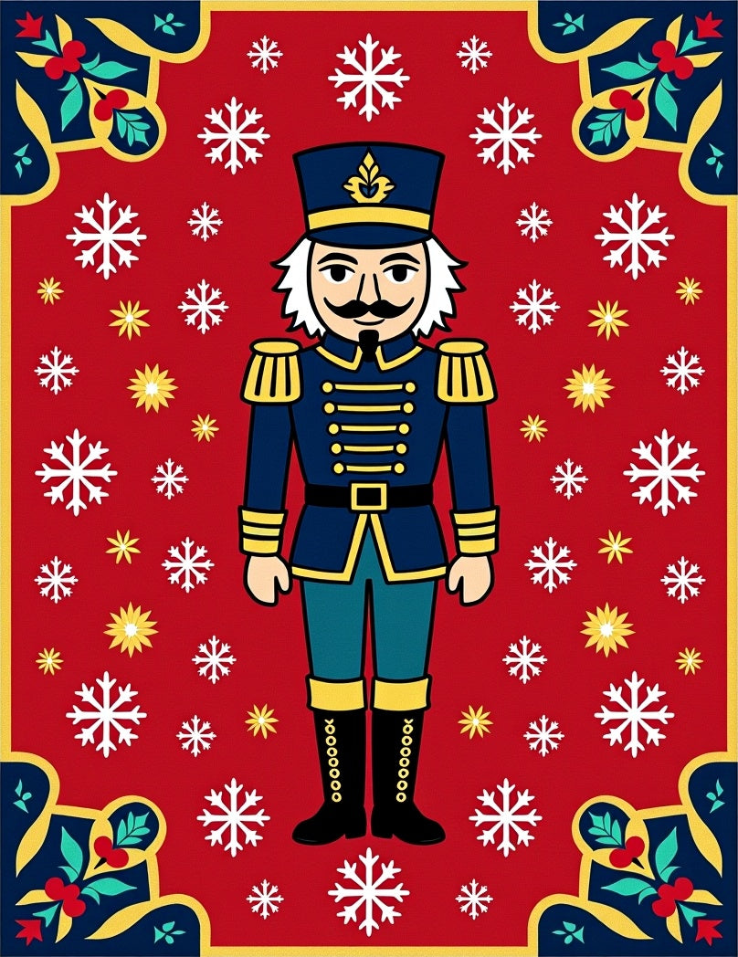 Festive Red Nutcracker Snowflake Border Rug