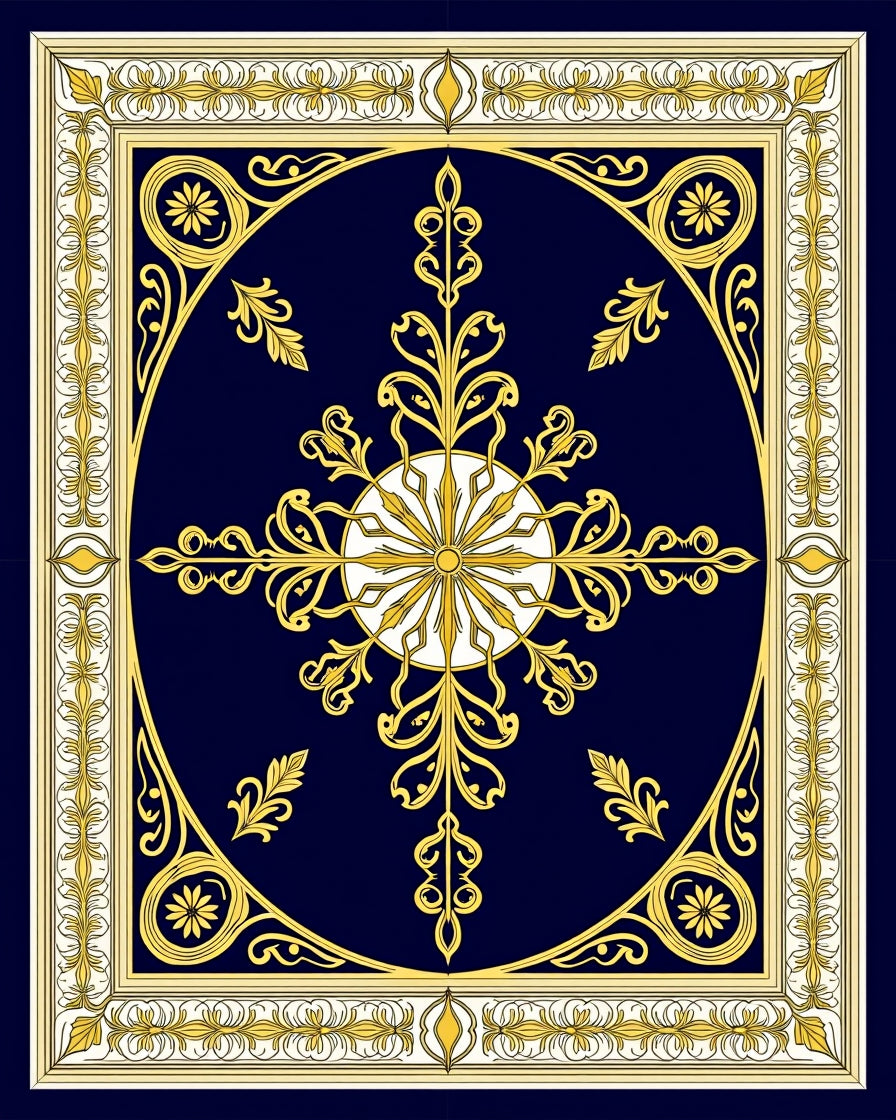 Navy Gold Floral Medallion Frame Rug