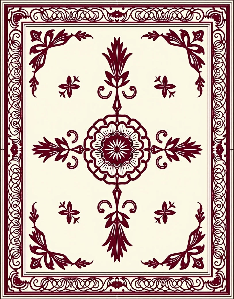 Deep Red Central Bloom Corner Accents Rug