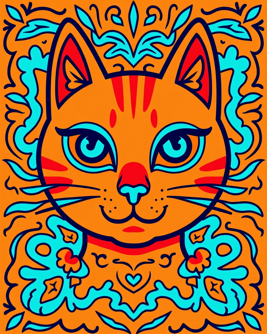 Whimsical Orange Cat Abstract Border Rug