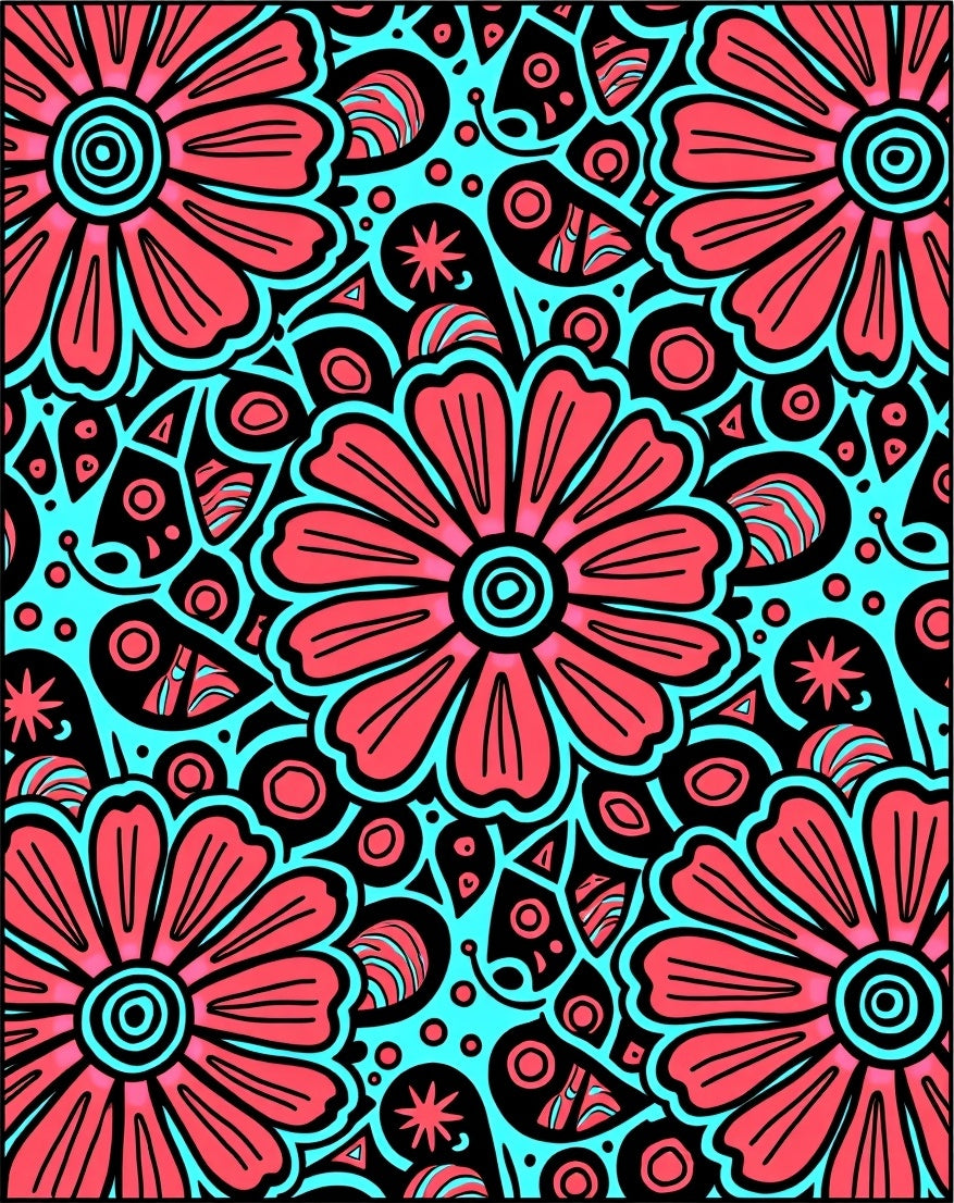 Coral Crimson Aqua Floral Burst Rug