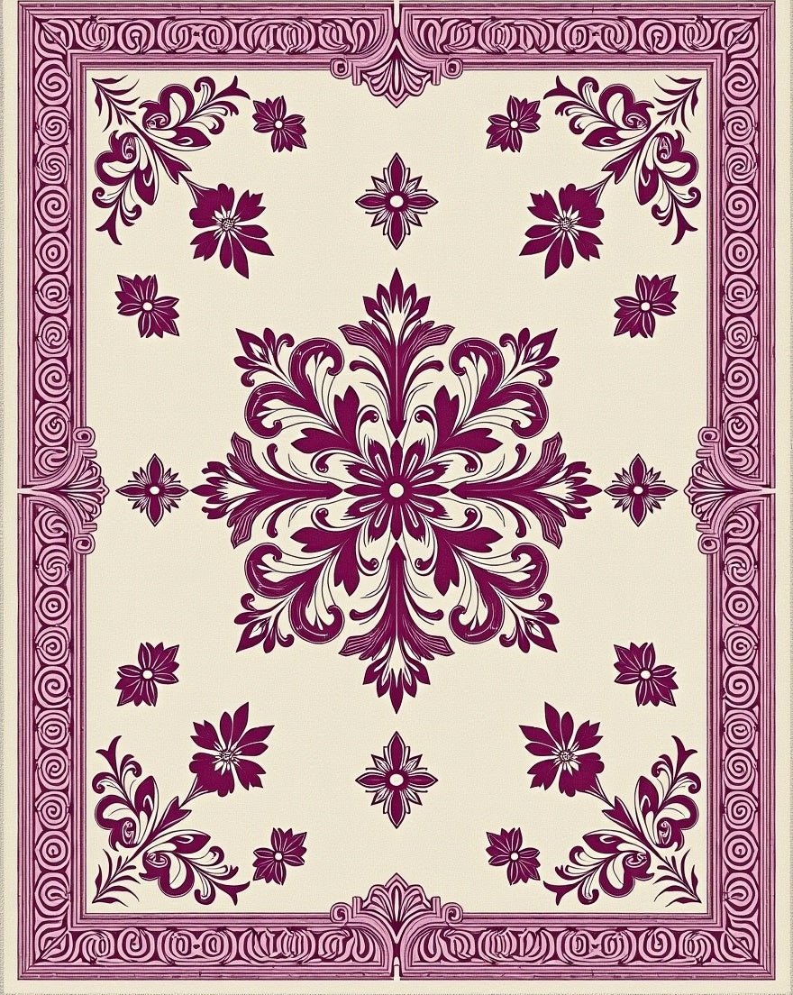 Deep Plum Floral Medallion Border Rug
