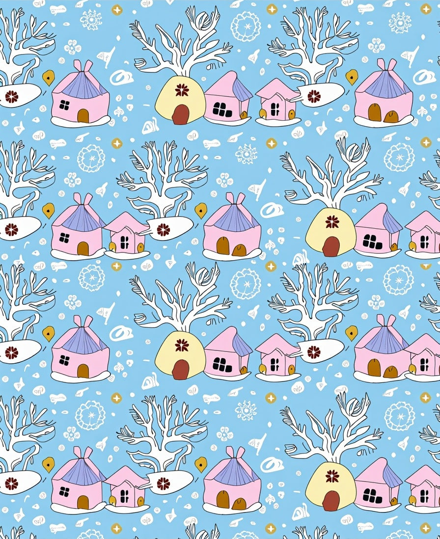 Whimsical Pink Houses White Trees Rug