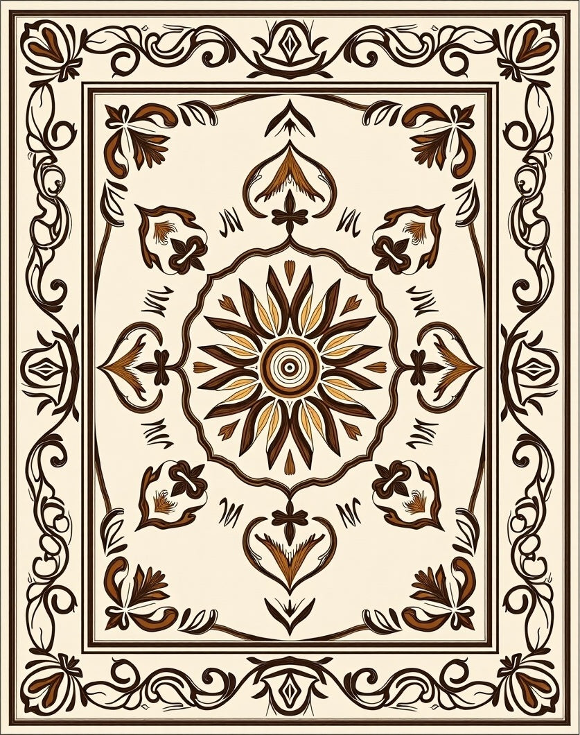 Ivory Brown Floral Scroll Medallion Rug