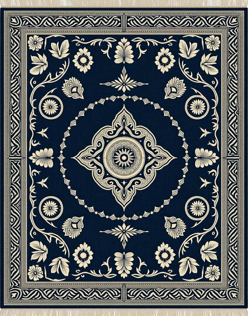 Deep Navy Cream Floral Scroll Border Rug