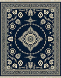Deep Navy Cream Floral Scroll Border Rug