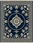 Deep Navy Cream Floral Scroll Border Rug