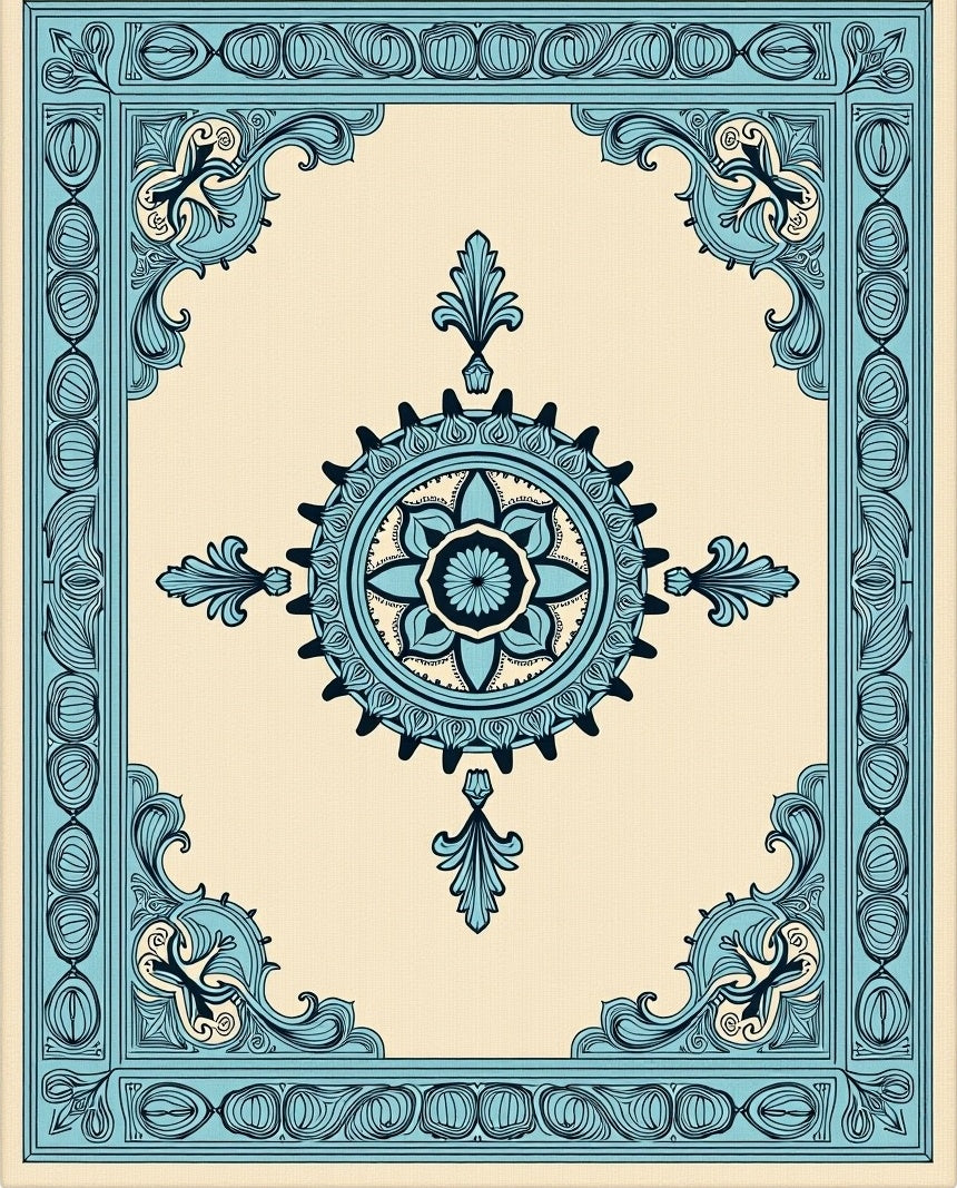 Light Blue Medallion Floral Border Rug