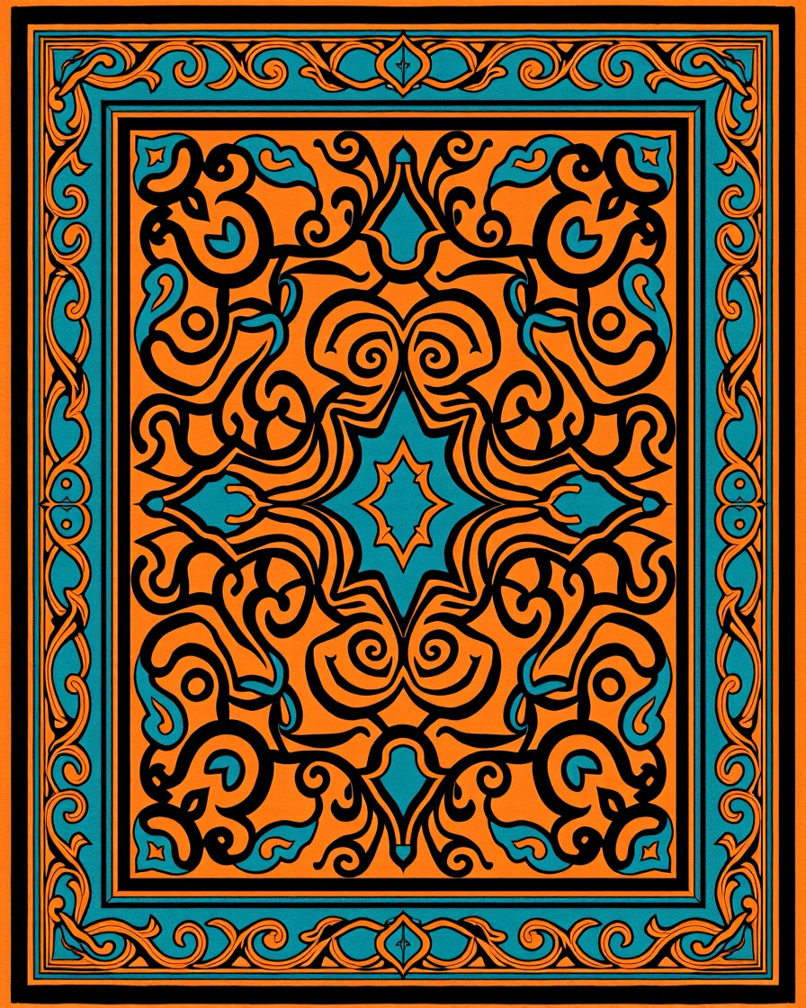 Bold Orange Teal Scrollwork Medallion Rug