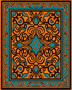 Bold Orange Teal Scrollwork Medallion Rug