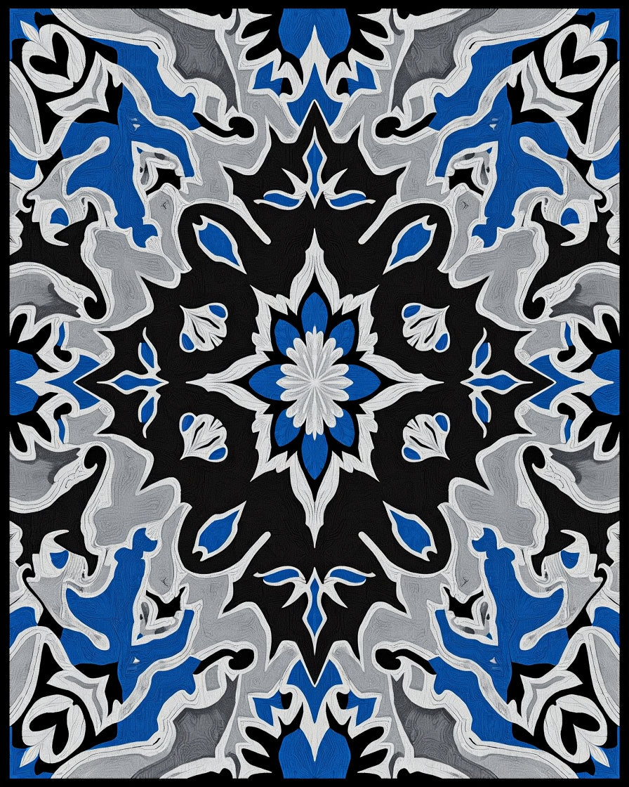 Cobalt Blue Gray Floral Medallion Rug