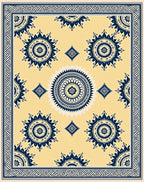 Cream and Navy Sunburst Medallion Rug