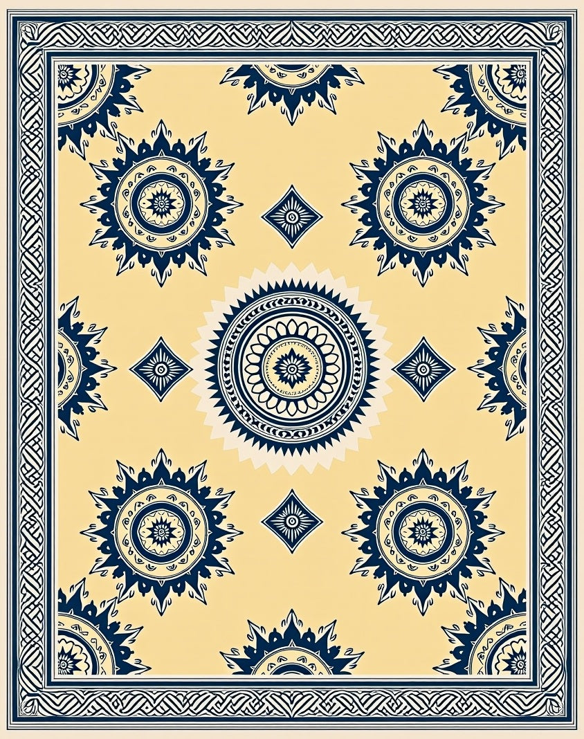 Cream and Navy Sunburst Medallion Rug