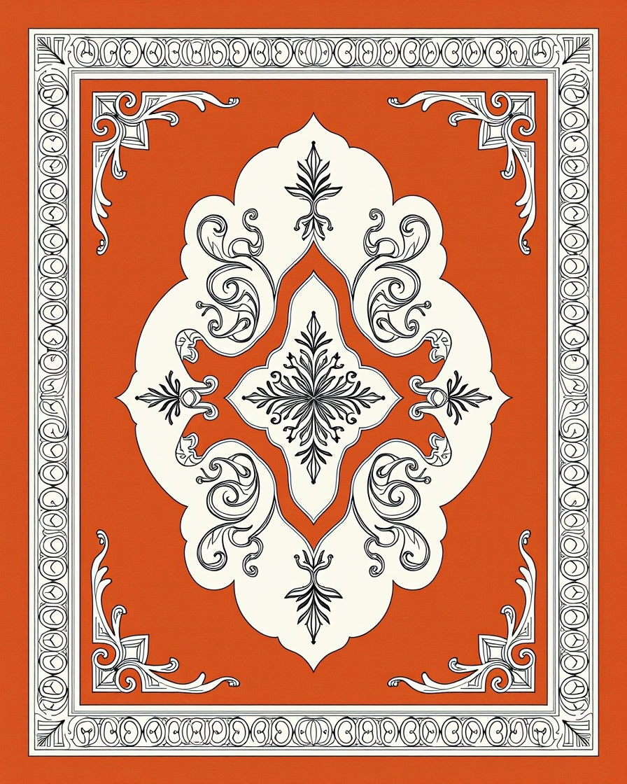 Vibrant Orange White Scroll Medallion Rug