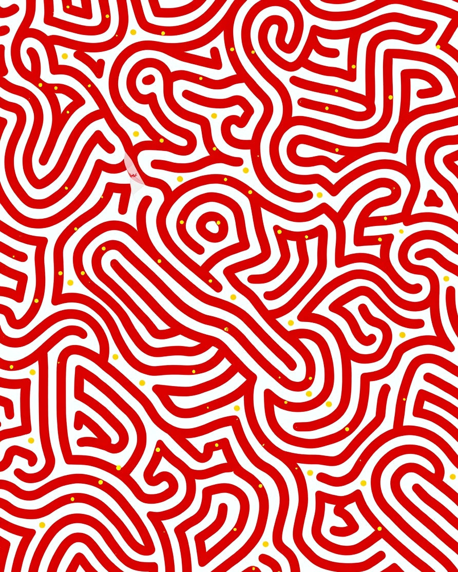 Red White Maze With Yellow Dots Rug