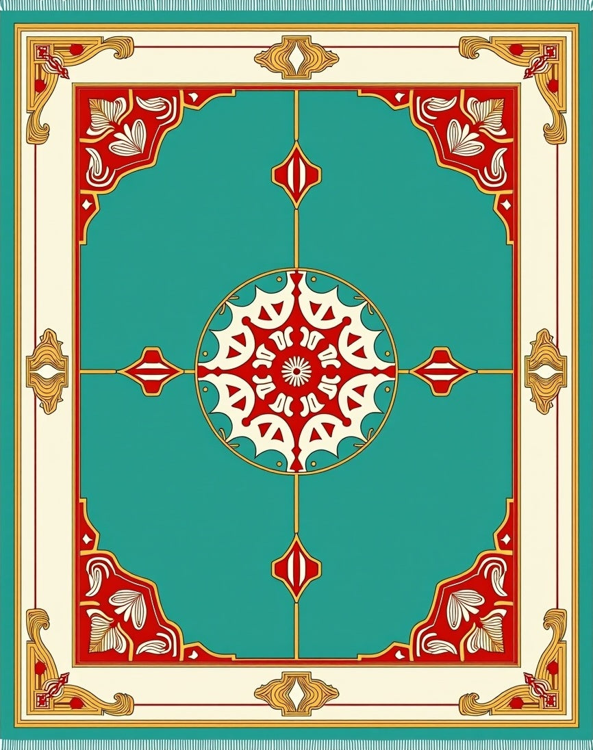 Teal Crimson Floral Geometric Medallion Rug