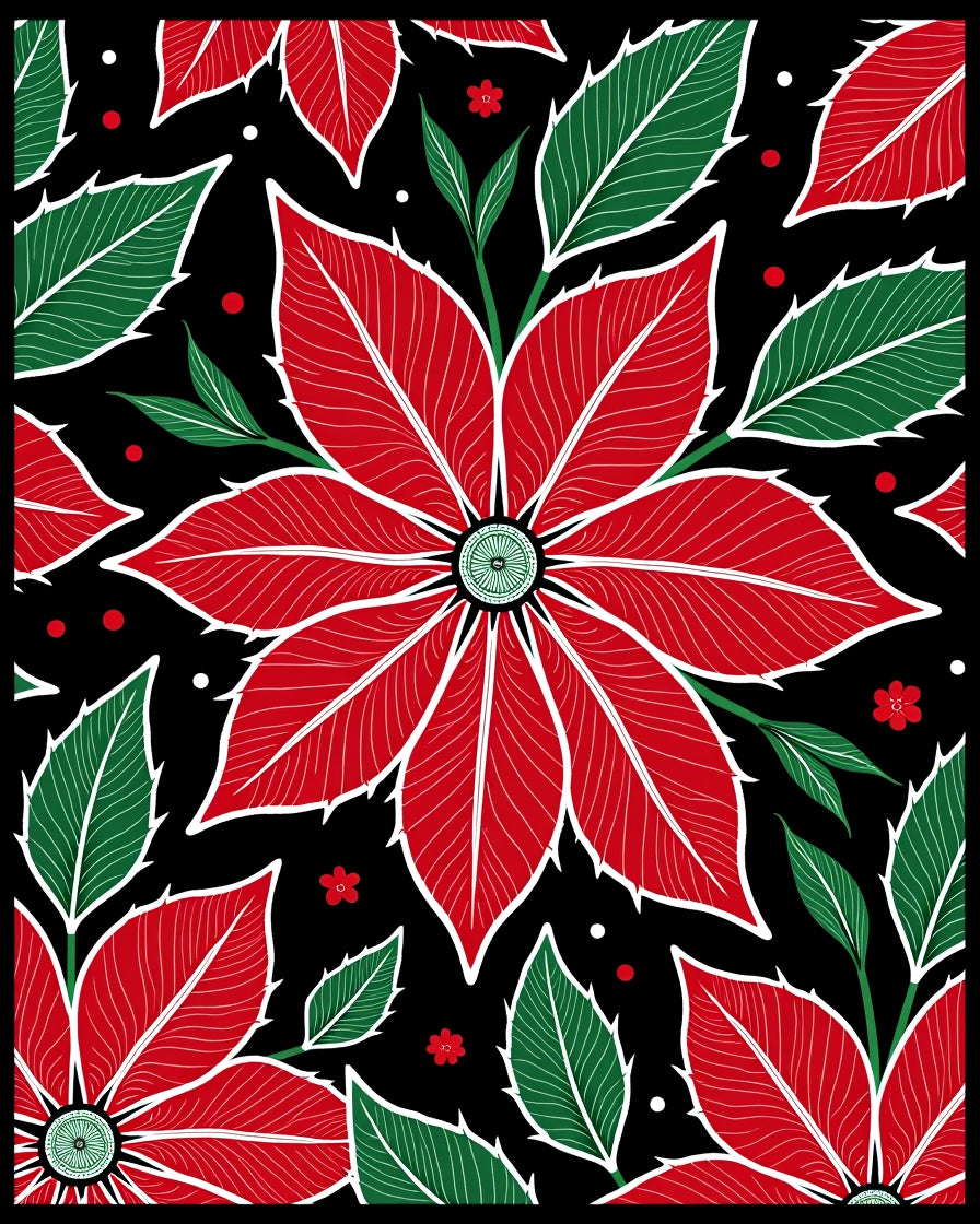 Bold Red Poinsettia Floral Black Rug
