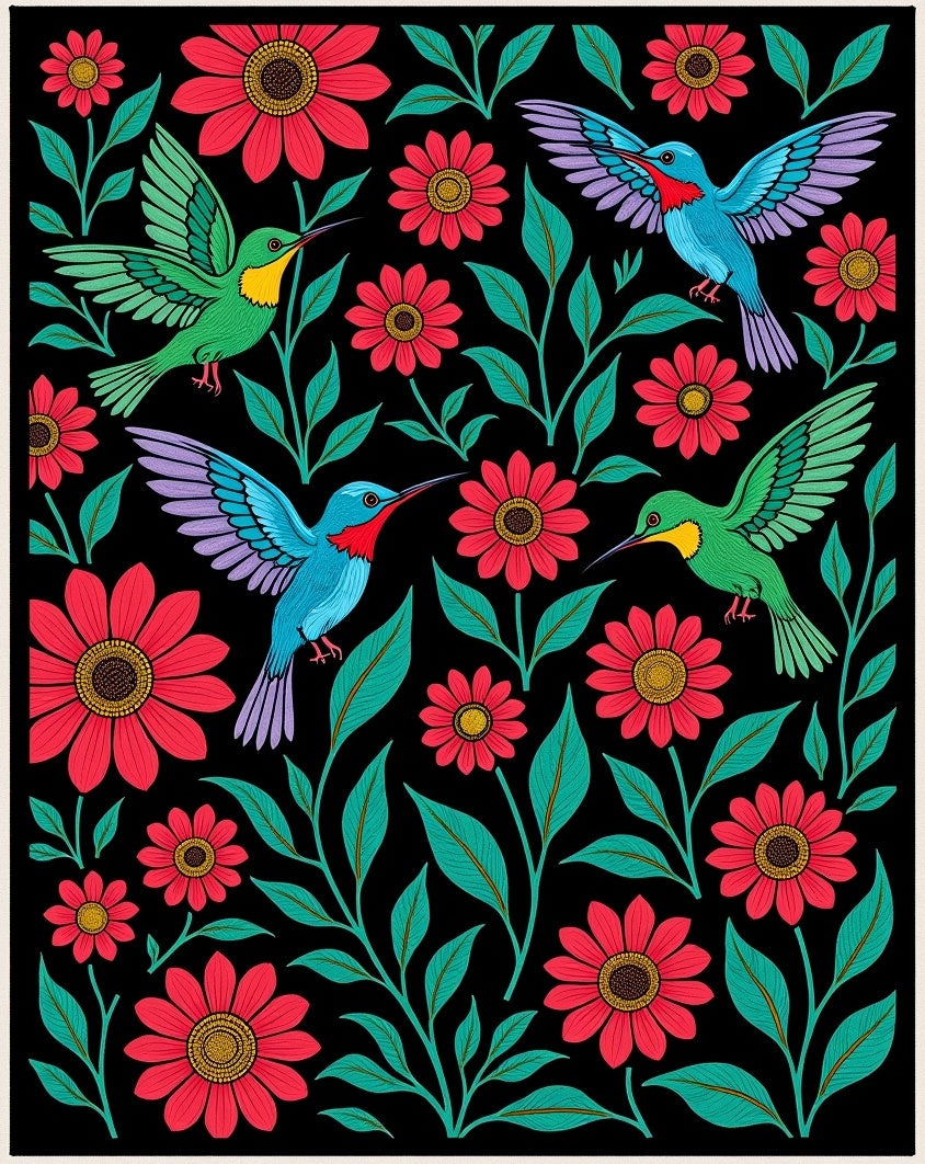 Vibrant Hummingbird Floral Black Ground Rug