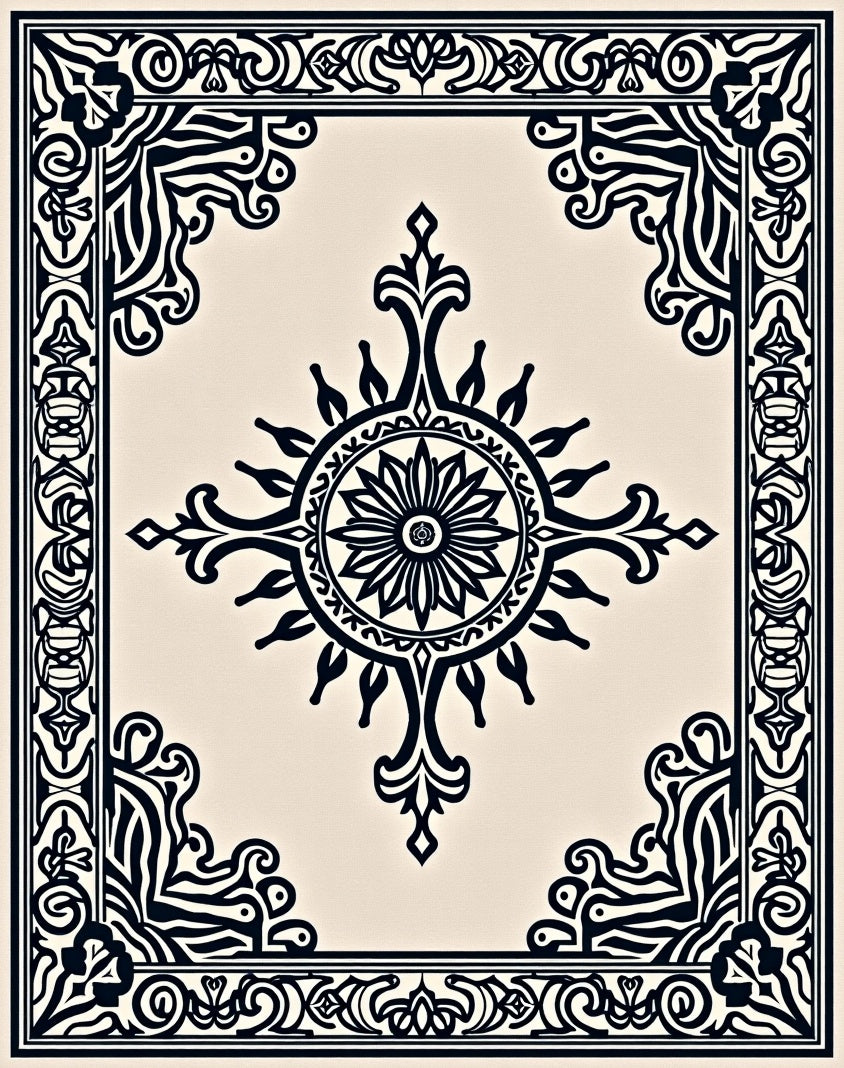 Black Ivory Medallion Sun Border Rug
