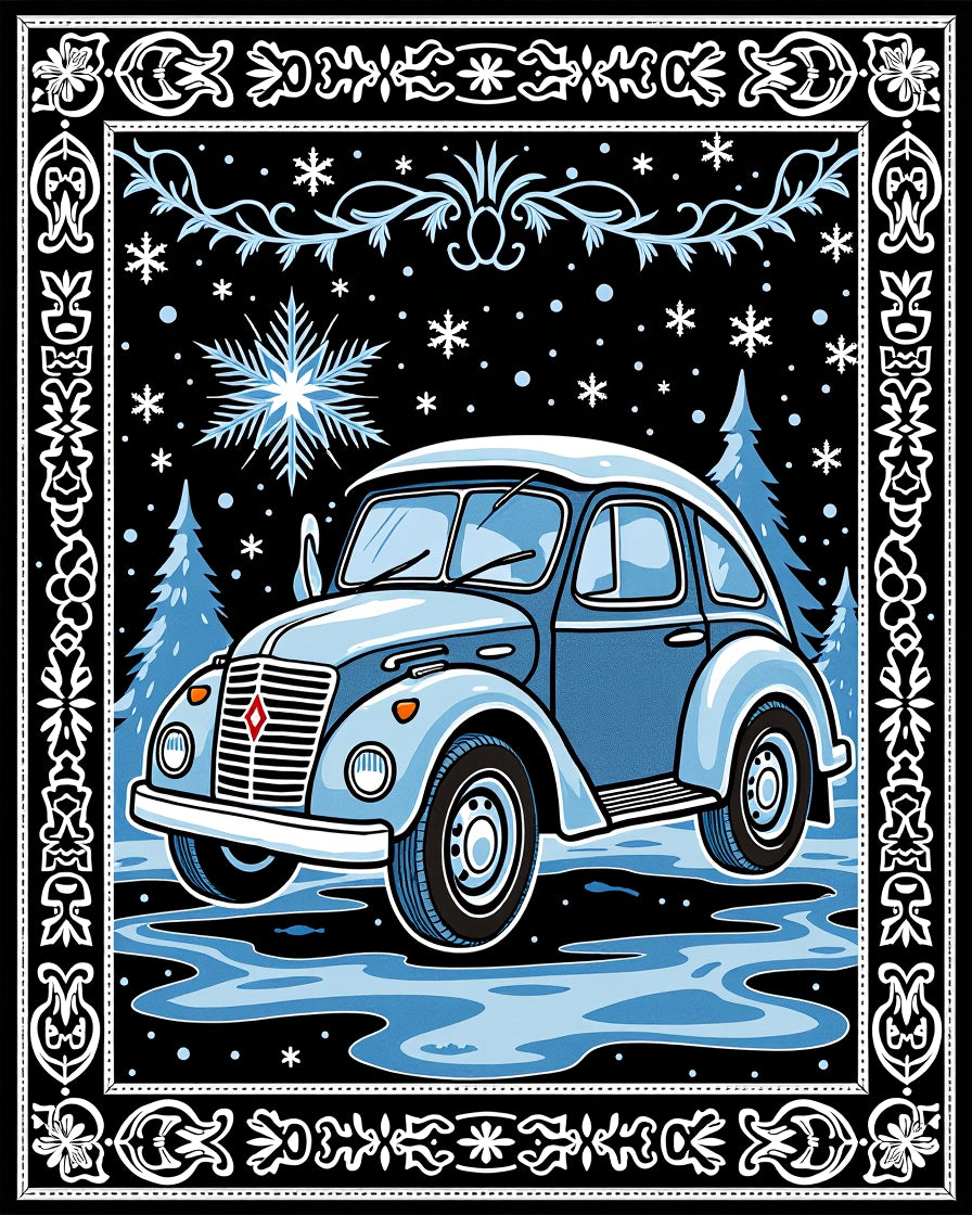 Vintage Blue Snowscape Car Rug