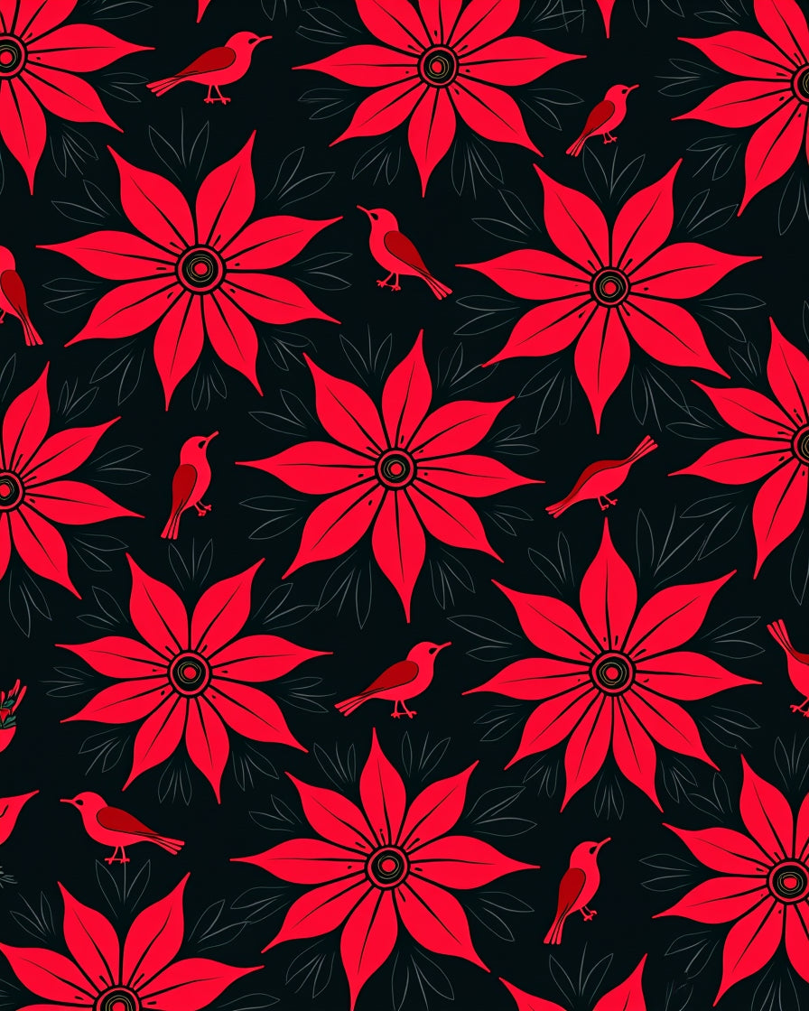 Vibrant Red Floral Bird Repeat Rug