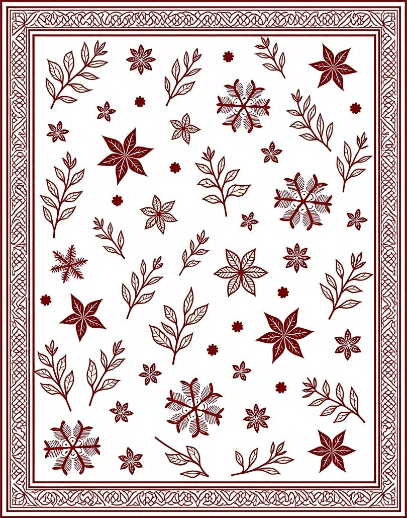 Maroon Snowflake Leaf Garland Border Rug
