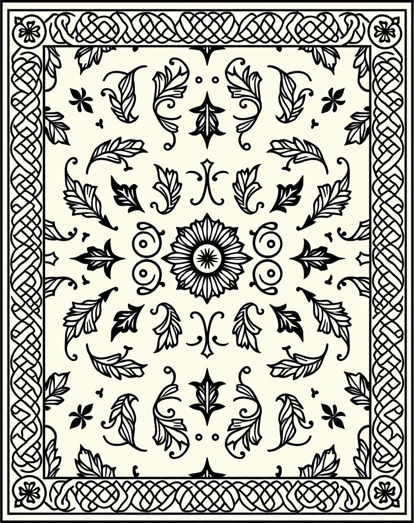 Ornate Black Ivory Scrollwork Medallion Rug