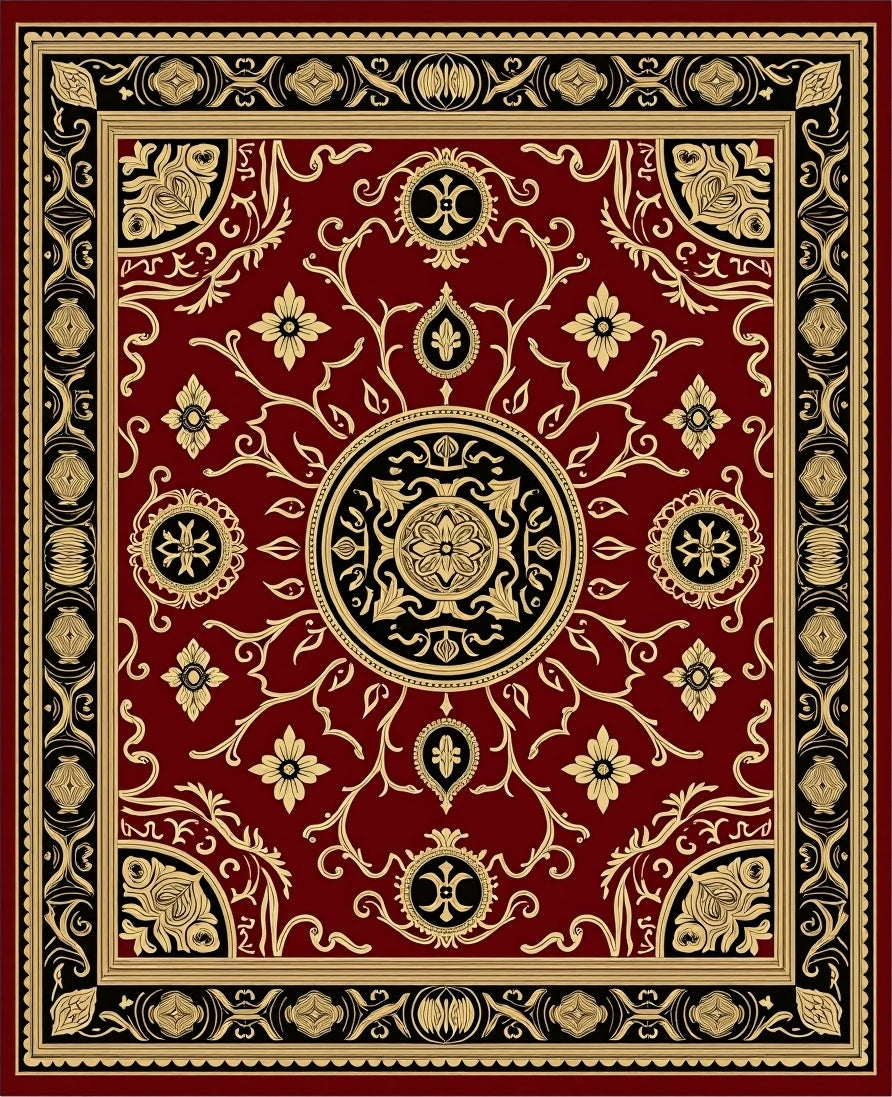 Ornate Crimson Gold Medallion Border Rug
