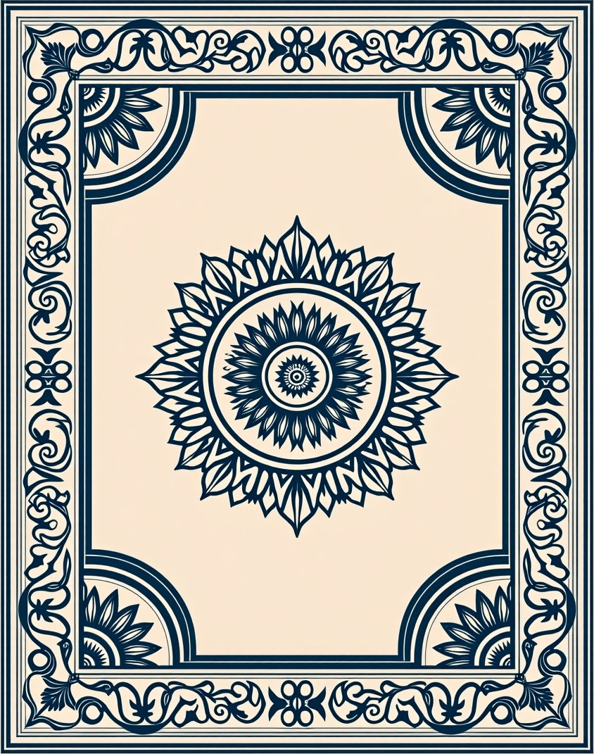 Dark Blue Sunburst Bordered Rug