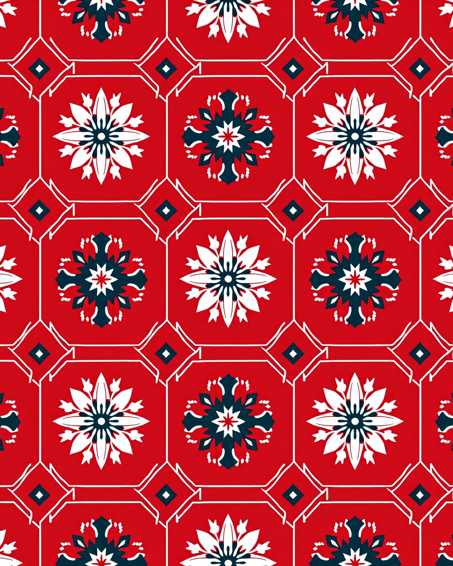 Red White Floral Medallion Geometric Rug
