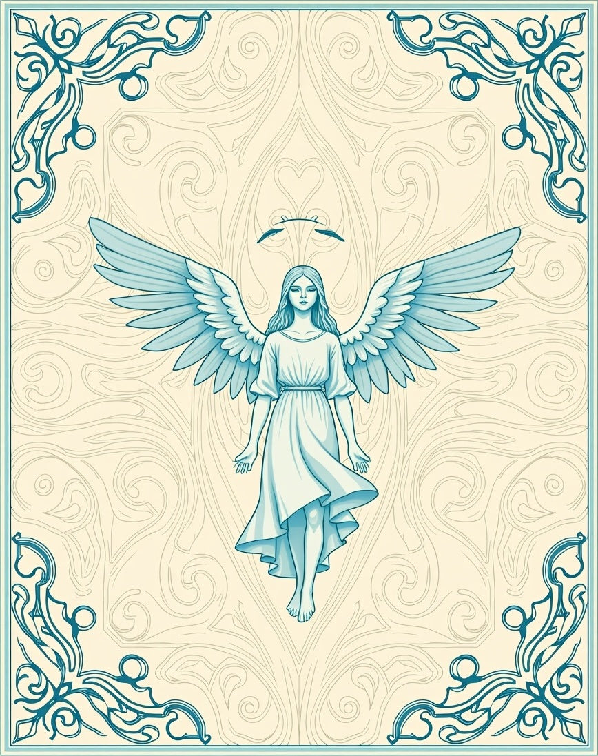 Winged Angel With Blue Scroll Border Rug