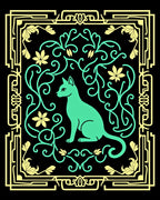 Art Deco Teal Cat Floral Frame Rug