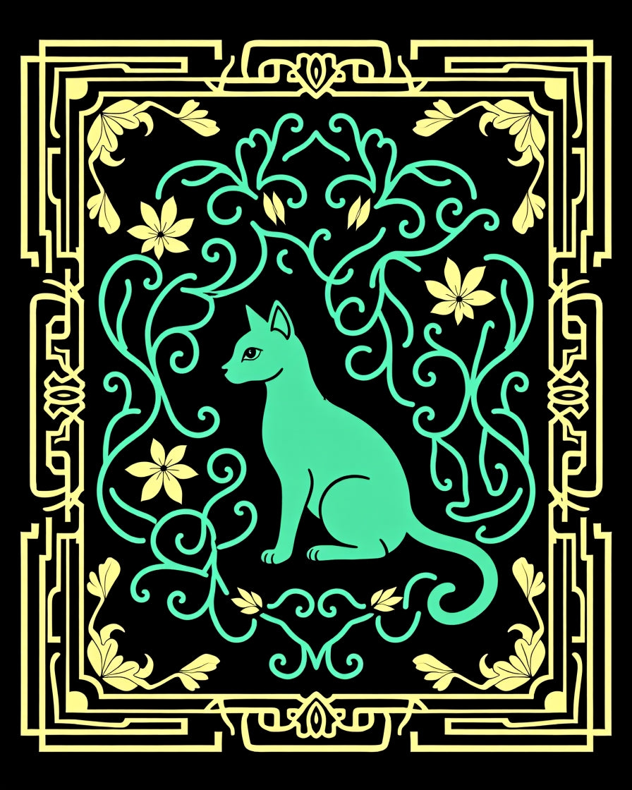 Art Deco Teal Cat Floral Frame Rug