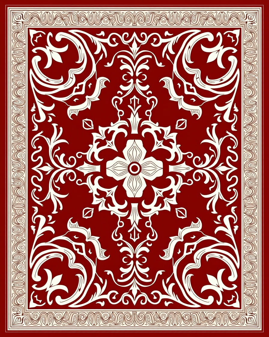 Rich Red White Floral Damask Rug