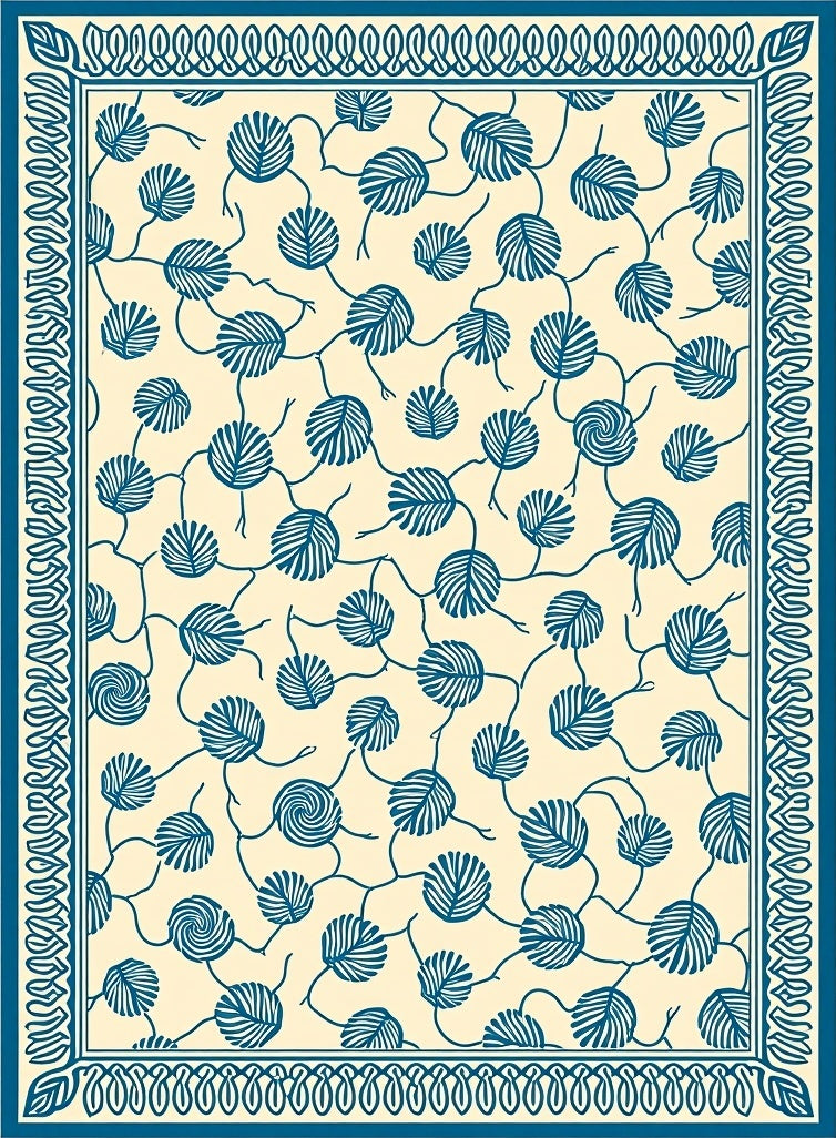 Cream and Teal Leaf Vine Border Rug