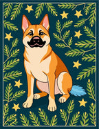 Golden Dog Among Greenery and Stars Rug