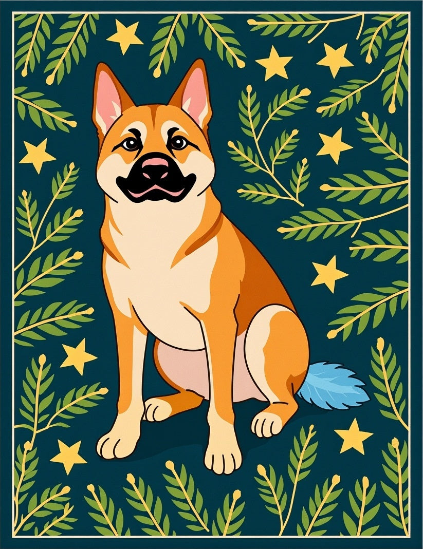 Golden Dog Among Greenery and Stars Rug