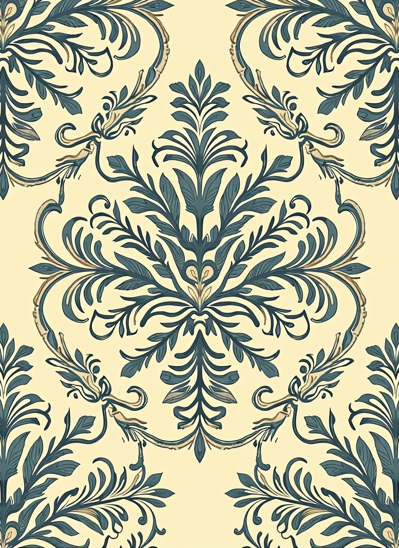 Cream and Teal Damask Floral Scroll Rug