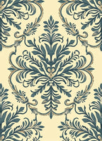 Cream and Teal Damask Floral Scroll Rug