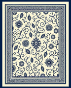 Navy Blue Floral Vine Border Rug
