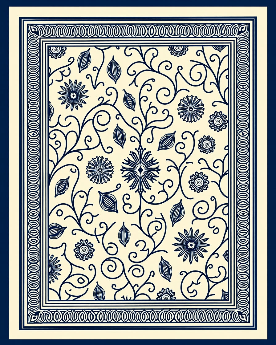 Navy Blue Floral Vine Border Rug