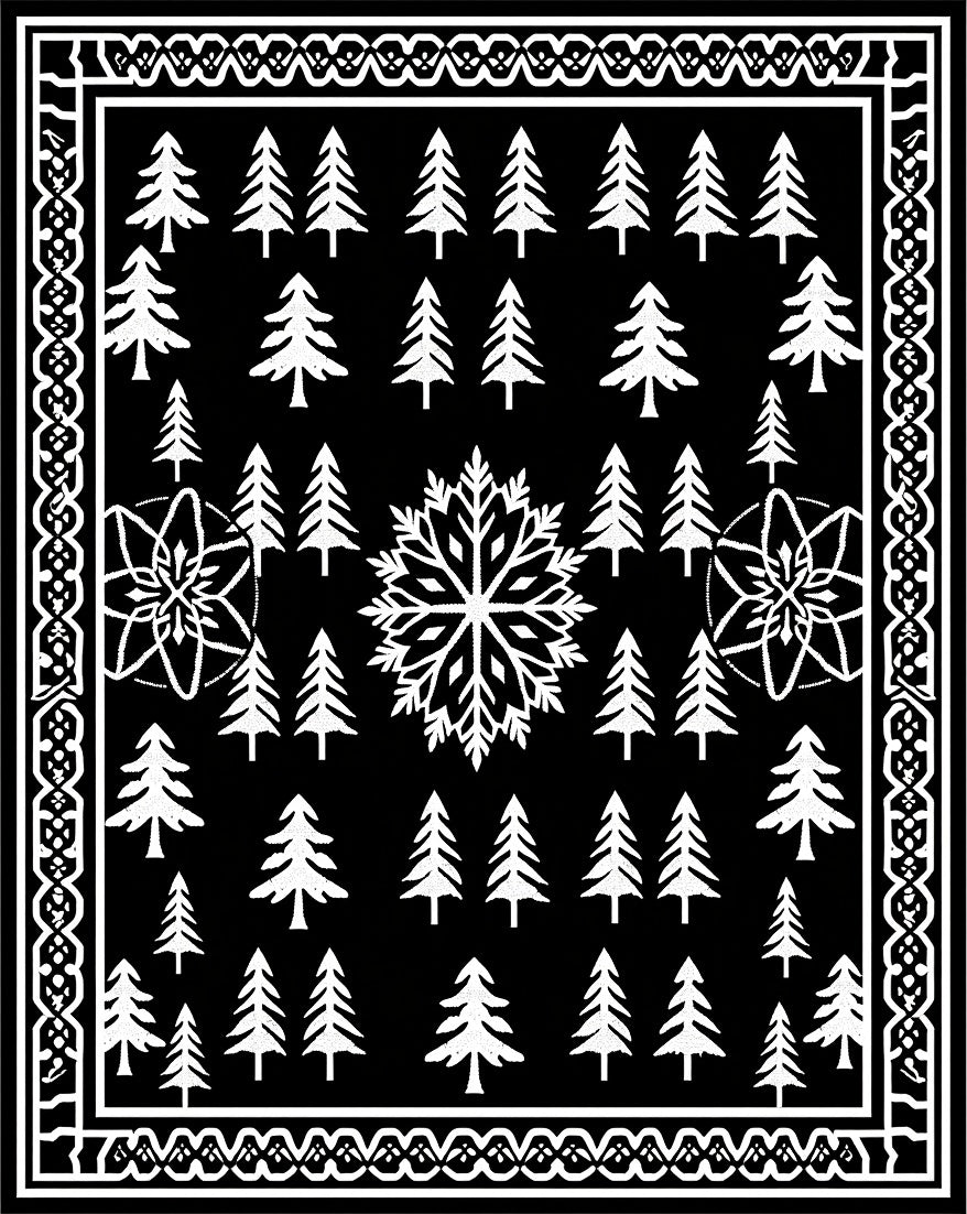 Black White Evergreen Snowflake Trio Rug