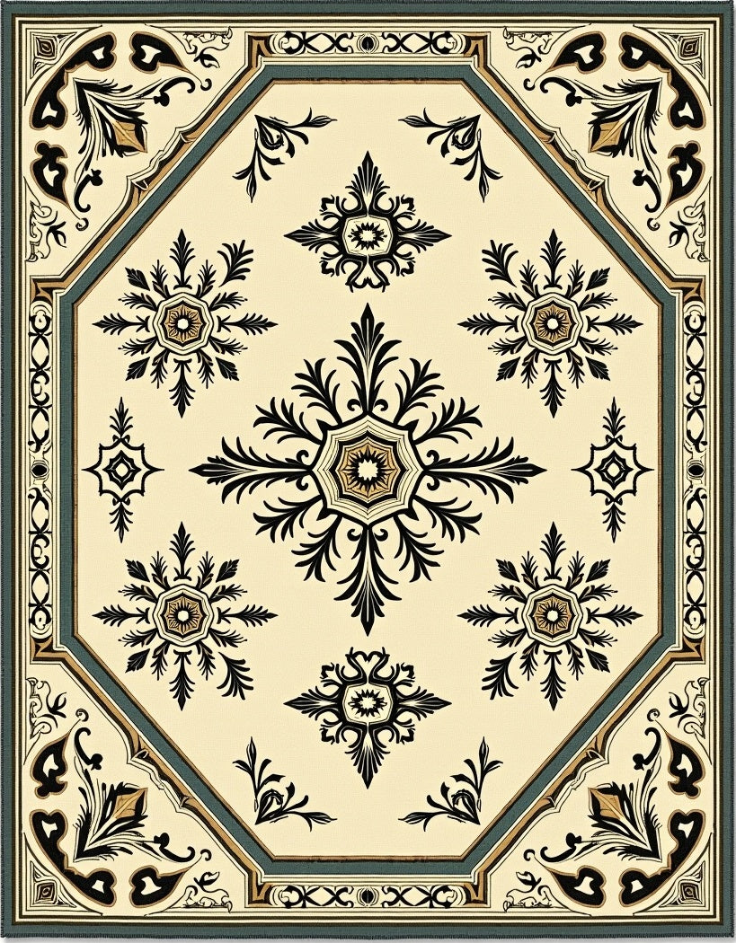 Cream and Black Medallion Motif Rug