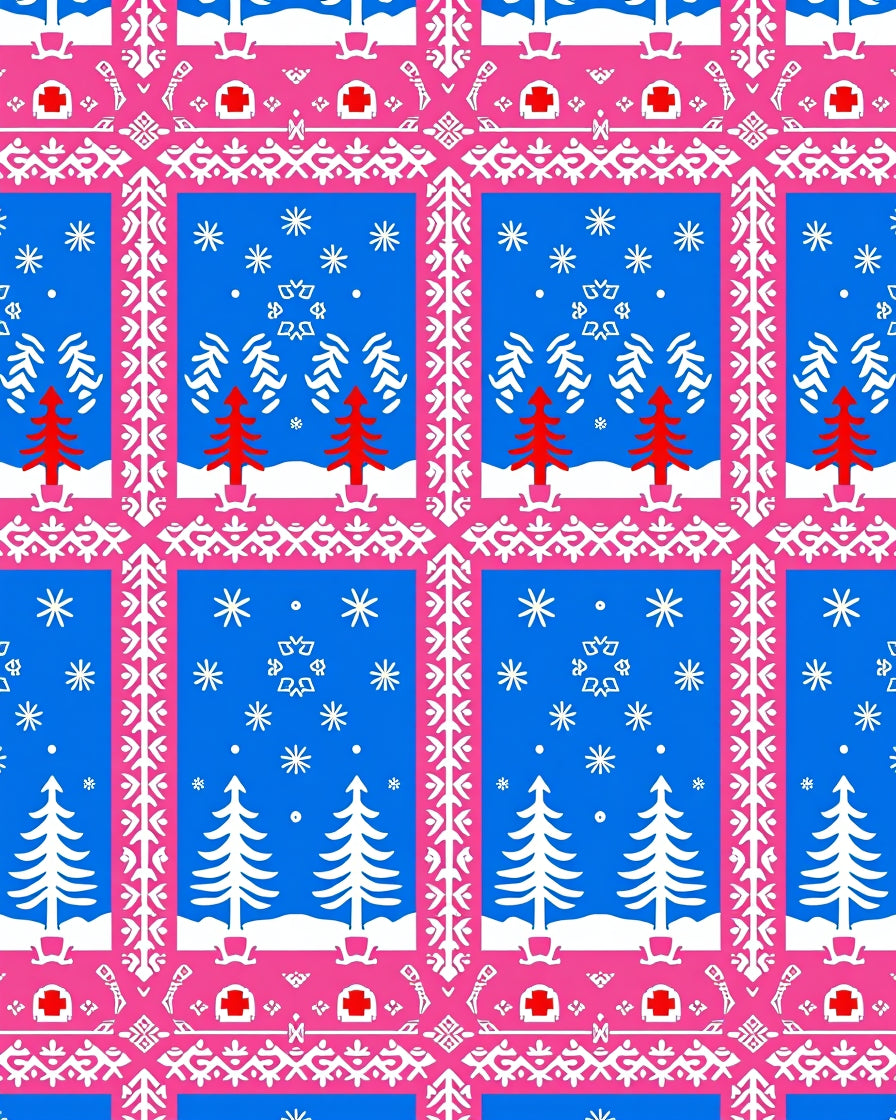 Bold Pink White Christmas Tree Snowflakes Rug